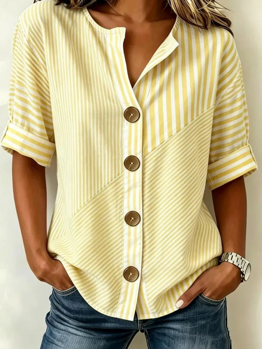Yellow Striped Button-Down Roll Sleeve Blouse