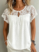 White Round Neck Short Sleeve Lace-Trim Swiss Dot Keyhole Blouse