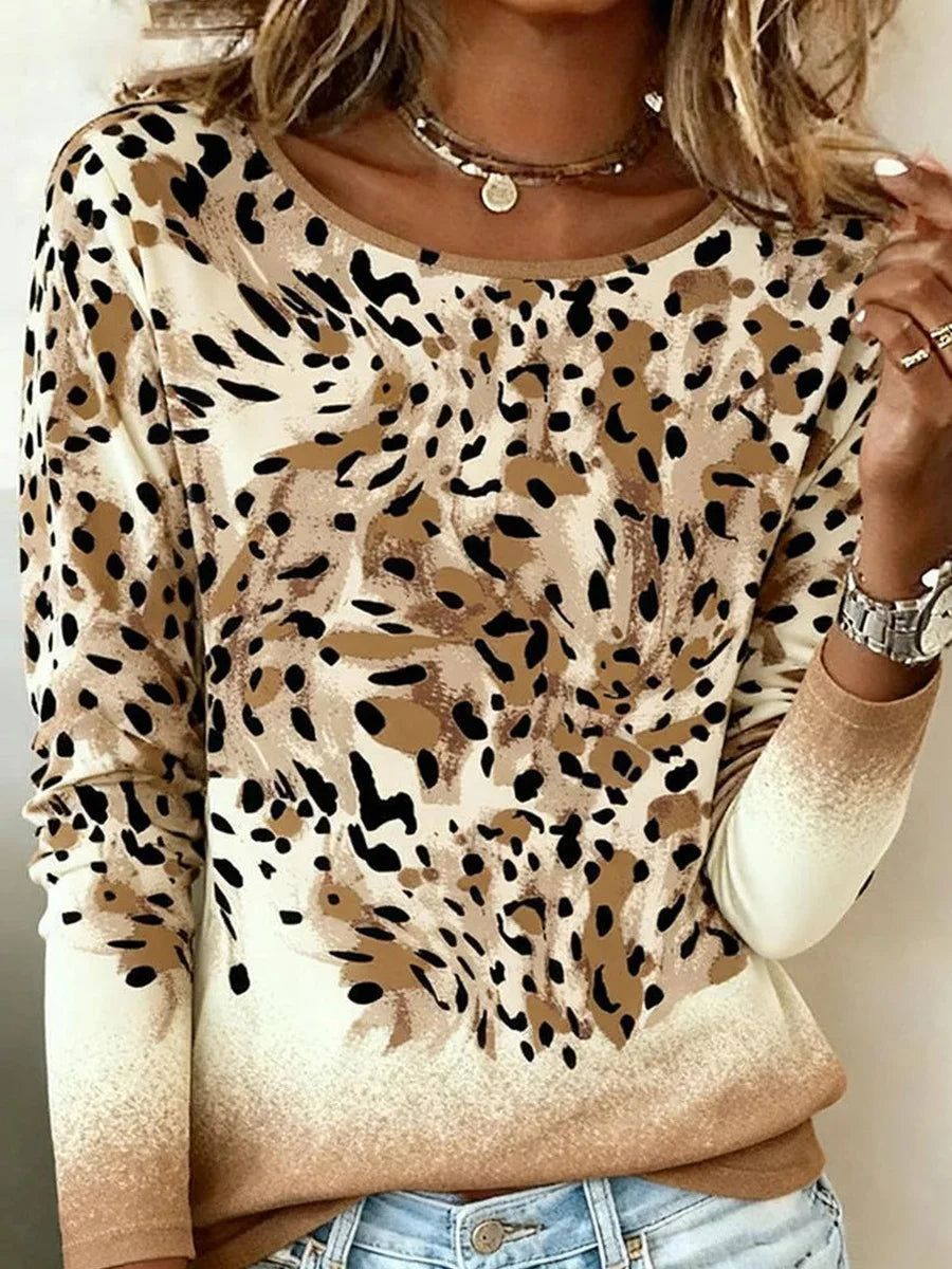 Yellow Leopard Print Round Neck Long Sleeve Top