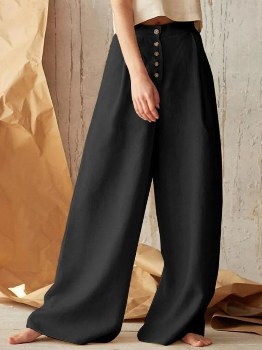 Solid Color High Waist Casual Button Cotton Wide Leg Pants
