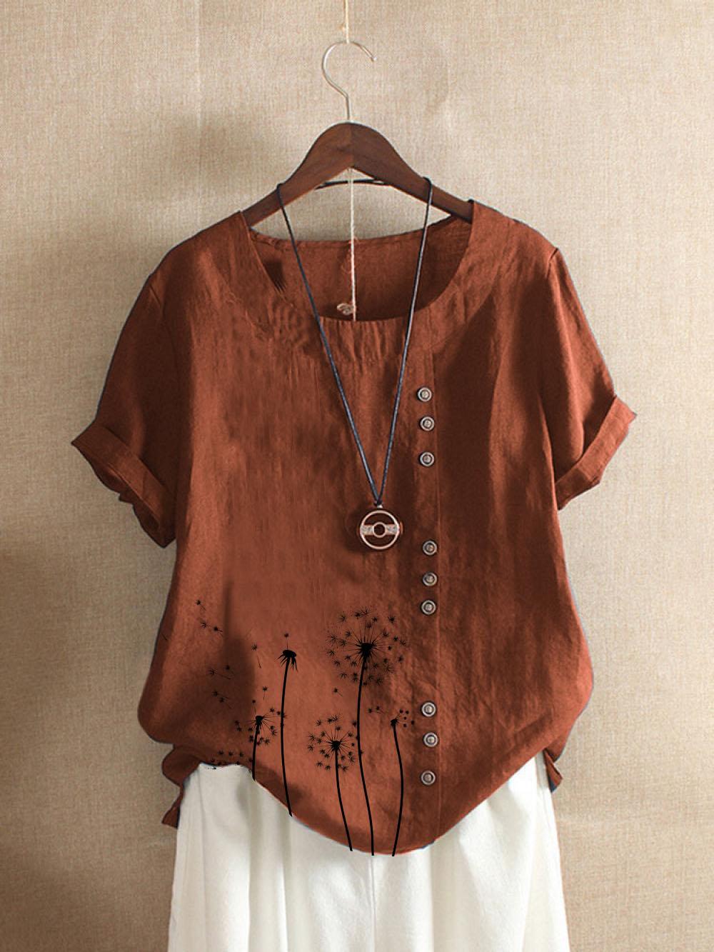 Round Neck Short Sleeve Button Summer Blouse - Orange