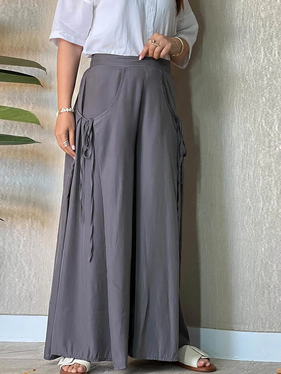 Women's Solid High Waist Lace-Up Casual Wide Leg Pants