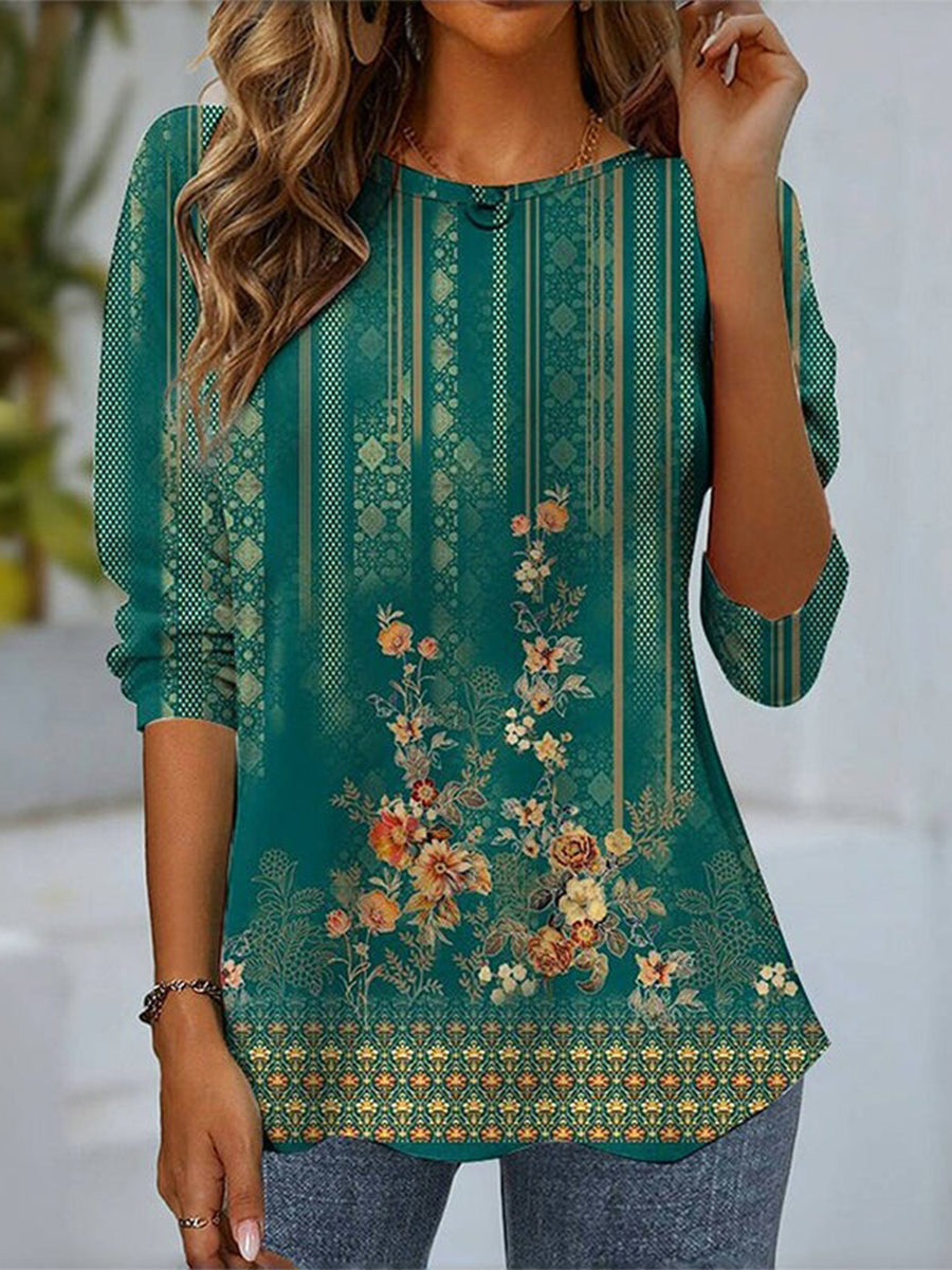 Green Floral Long Sleeve Blouse