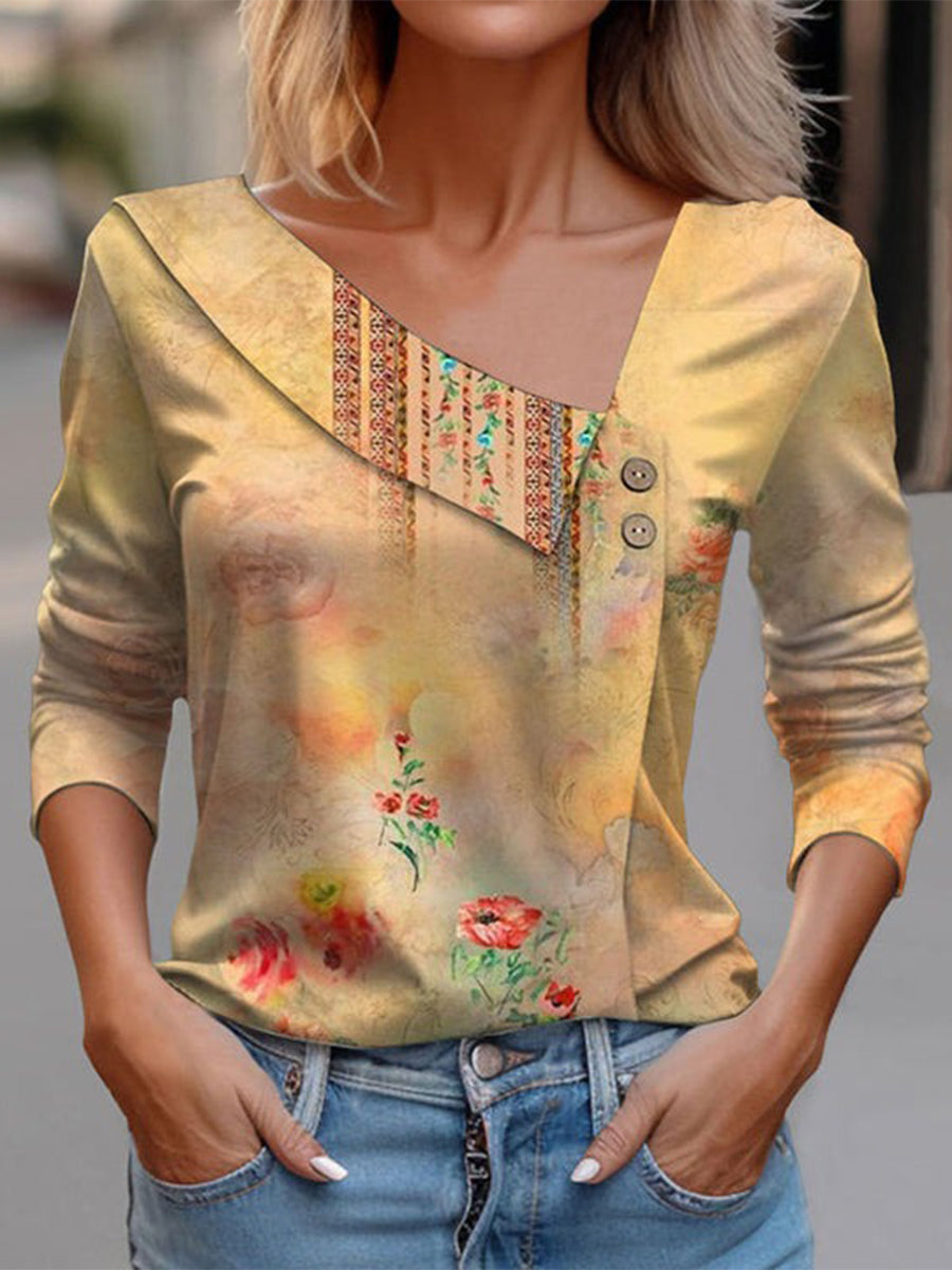 Vintage Floral Print Buttoned Blouse