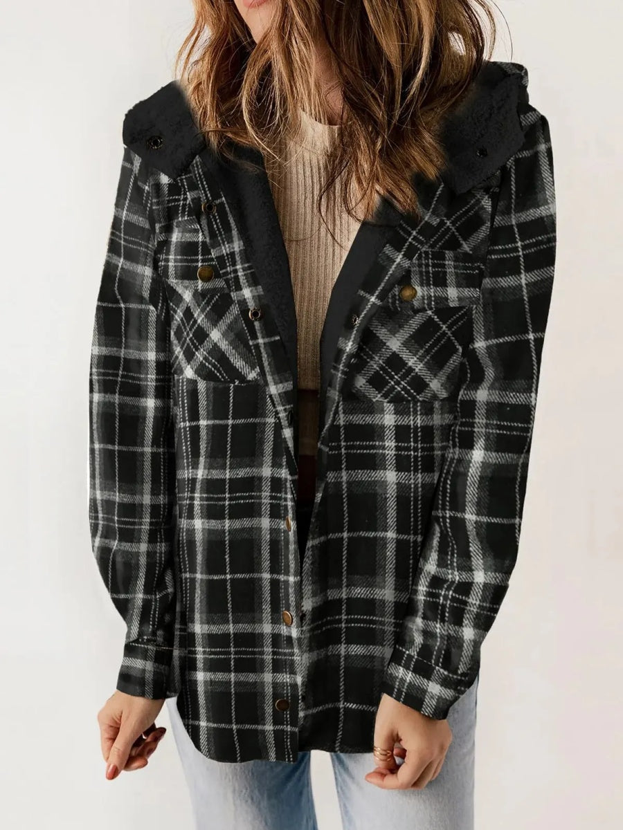 Women's Flannel Plaid Fleece Hooded Shacket