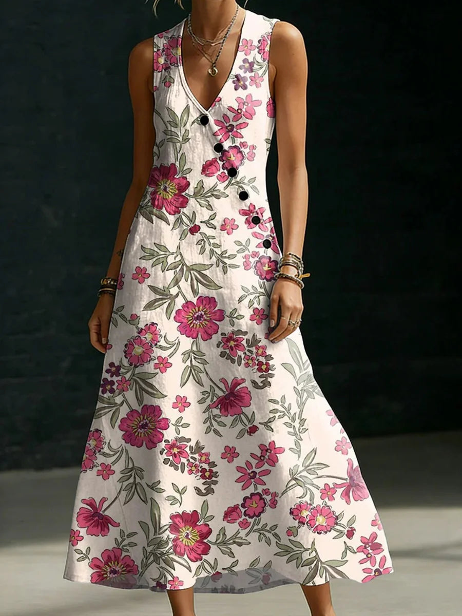 Casual Floral Print V-neck Sleeveless Button-up Maxi Dress