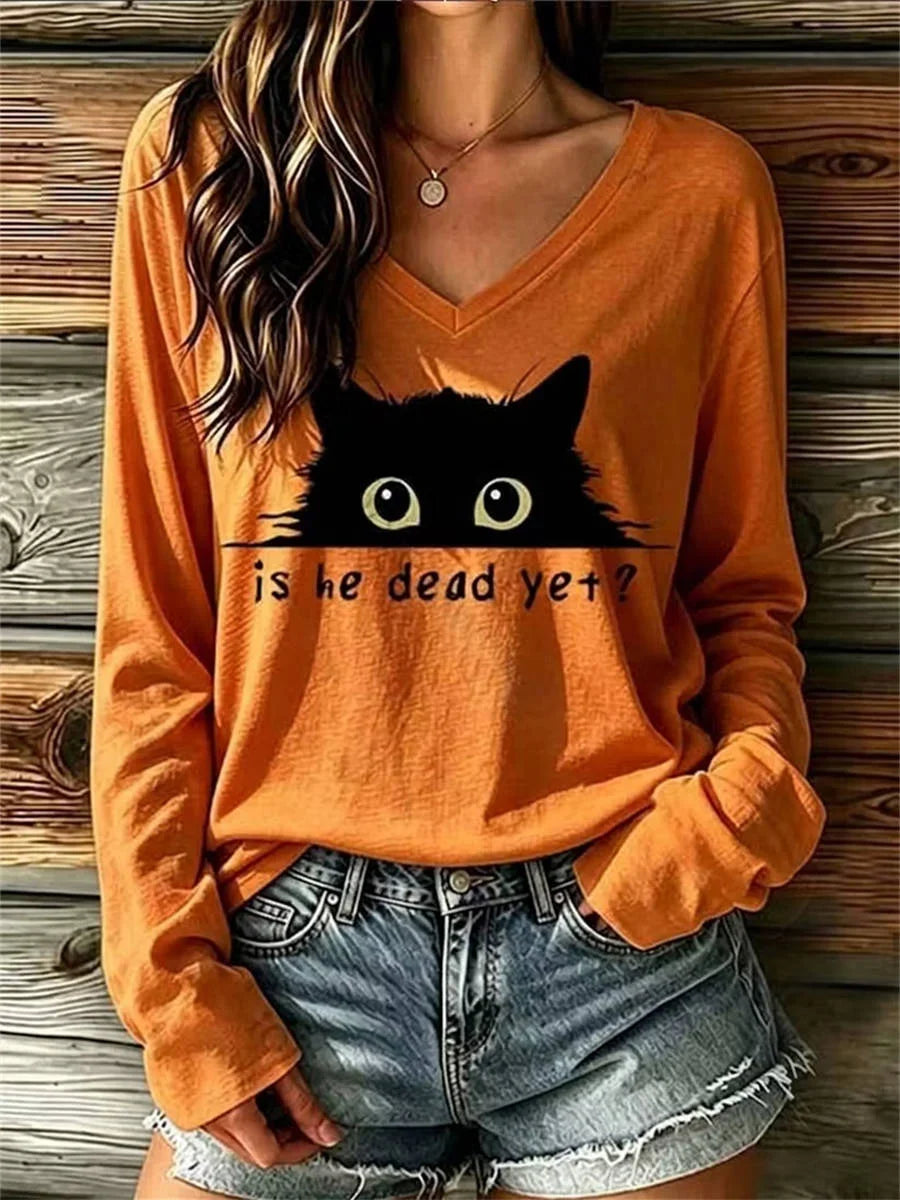 Women's Vintage Is He Dead Yet Black Cat Print V-neck Long Sleeve T-shirt