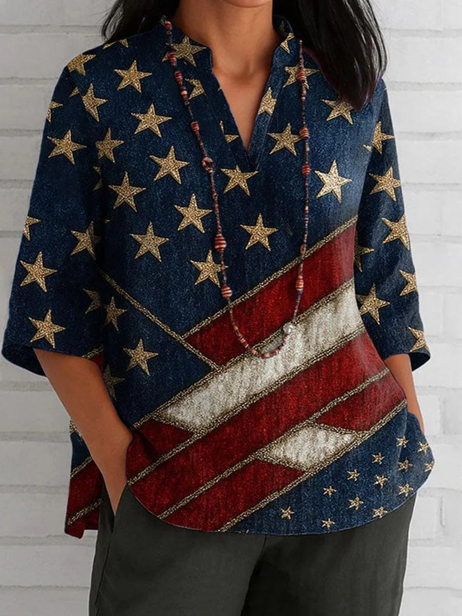 Stylish Blue V-neck 3/4 Sleeve Top