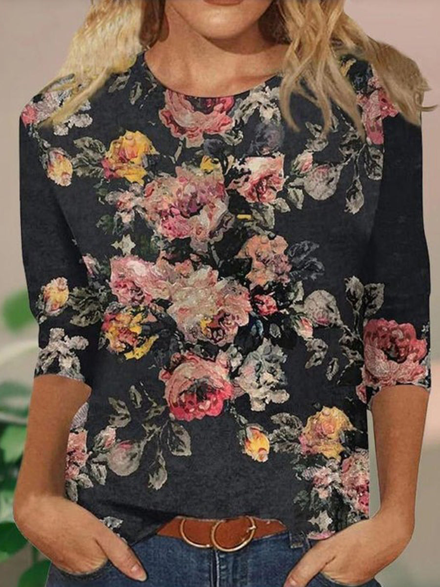 Vintage Floral Print Round Neck Blouse