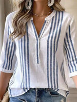 White Blue Stripe Split-Neck 3/4 Sleeve Blouse