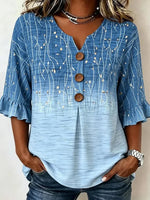 Blue Ombre Leaf Print Ruffle 3/4 Sleeve Blouse