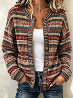 Women's Retro Gradient Stripes Art Print Knit Button Crew Neck Long Sleeve Cardigan