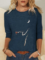 Solid Cat & Moon Printed Long Sleeve Round Neck Casual Blouse