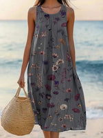 Vintage Floral Print Round Neck Sleeveless Dress