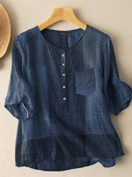 Plaid Pattern Pocket Button Crew Neck Blouse