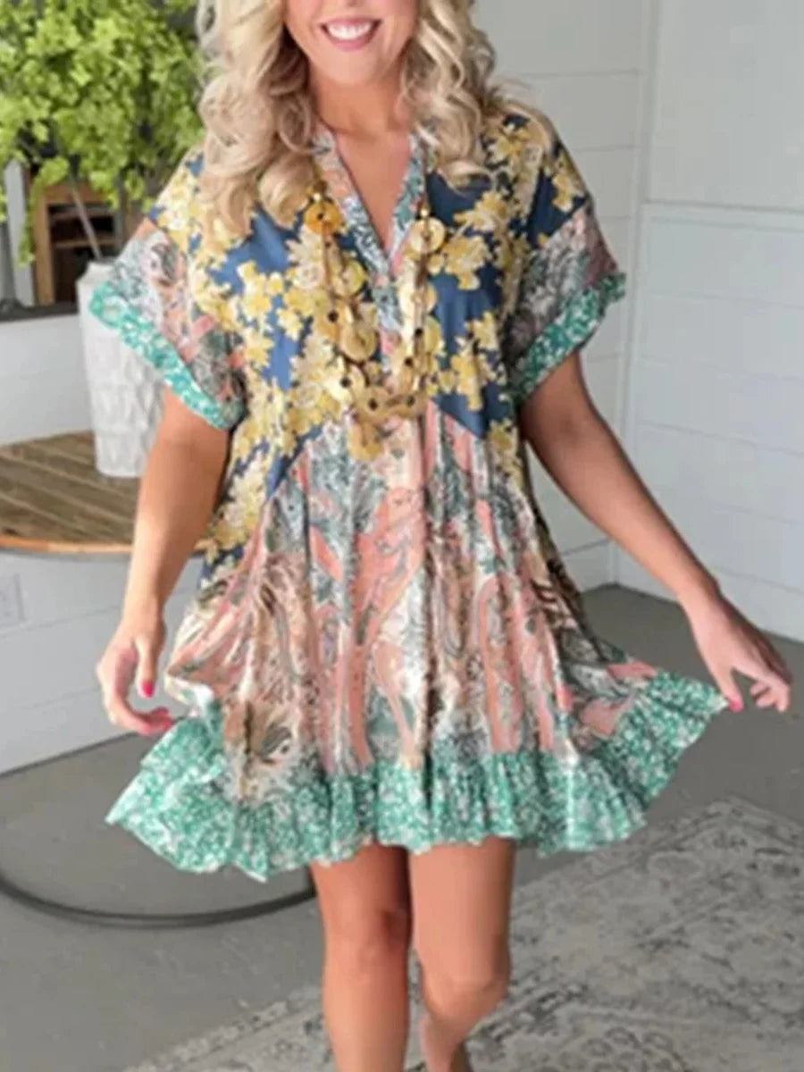 Multicolor Patchwork Floral V-neck Short Sleeve Ruffle-Hem Mini Dress
