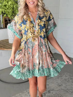 Multicolor Patchwork Floral V-neck Short Sleeve Ruffle-Hem Mini Dress