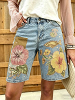 Women's peace symbol and floral graffiti print cotton denim Bermuda shorts