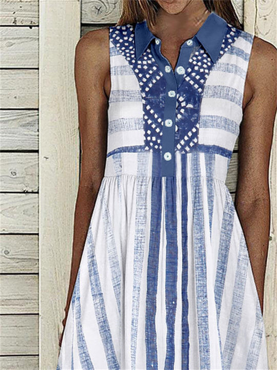 Women Sleeveless Lapel Striped Printed Graphic Button Pockets Maxi Dress