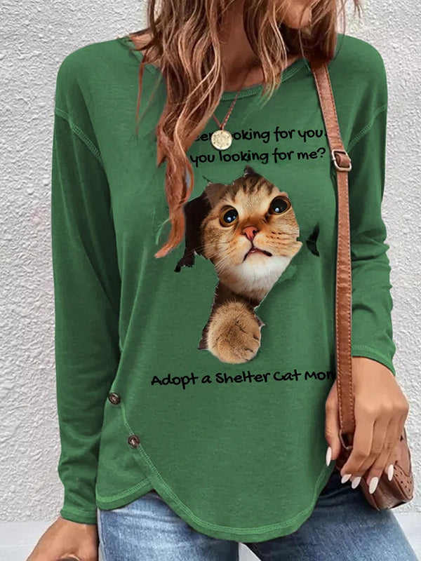 Green Casual Graphic Tops Round Neck Long Sleeve Cat Character Printed Fleece Hoodies