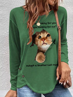 Green Casual Graphic Tops Round Neck Long Sleeve Cat Character Printed Fleece Hoodies