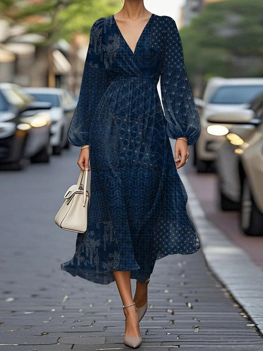 Fresh Long Sleeve Blue Midi Dress
