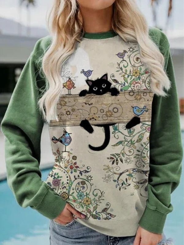 Green Casual Round Neck Cat Printed Long Sleeve Sweatshirts