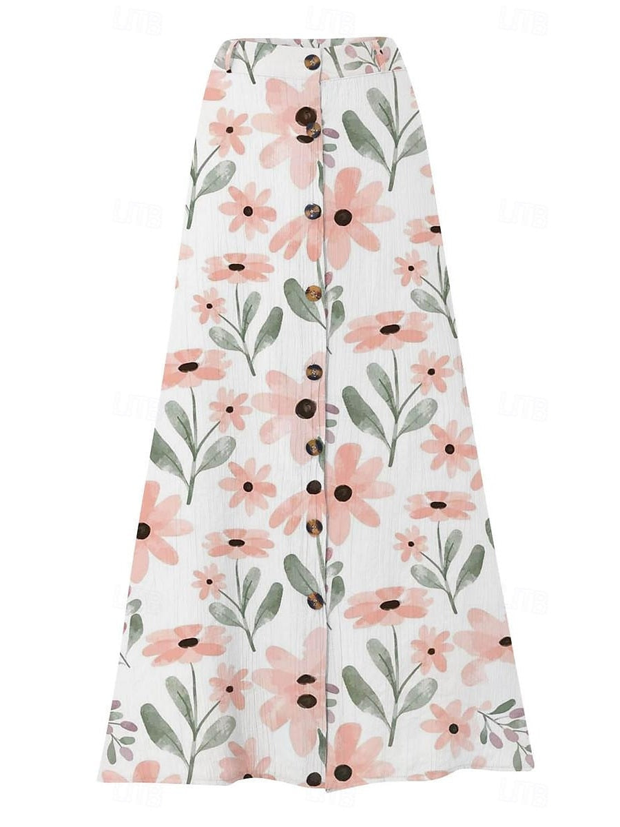 Women's Floral Printed Graphic Straight Fashion Split Button Maxi High Waist Skirt
