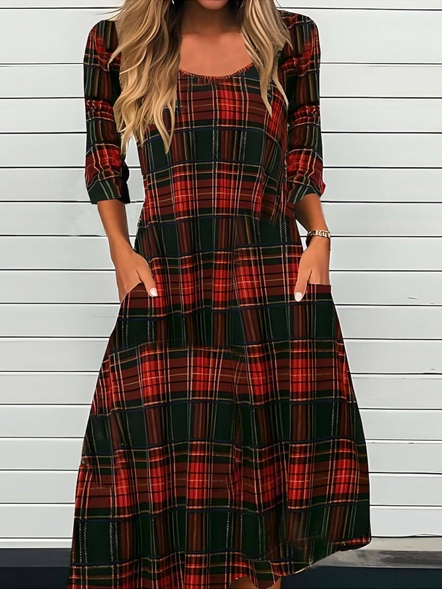 Casual Crew Neck Long Sleeve Plaid Loose Fit Midi Dress