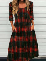 Casual Crew Neck Long Sleeve Plaid Loose Fit Midi Dress