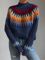 Blue Geometric Boho Turtleneck Sweater