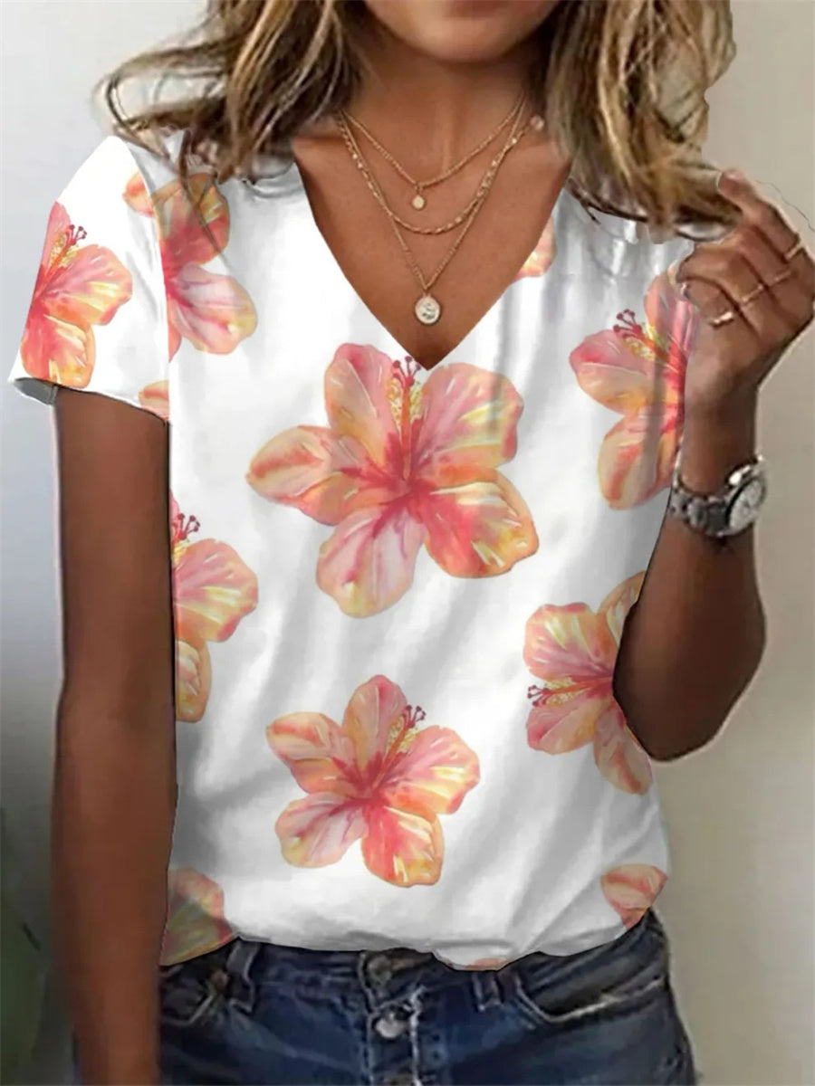Women's Floral Print Casual V-Neck Short Sleeve T-Shirt