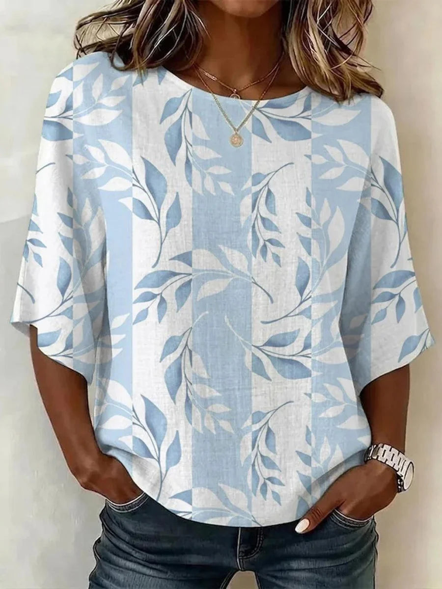 Blue Leaf Print Round Neck 3/4 Sleeve Casual Top