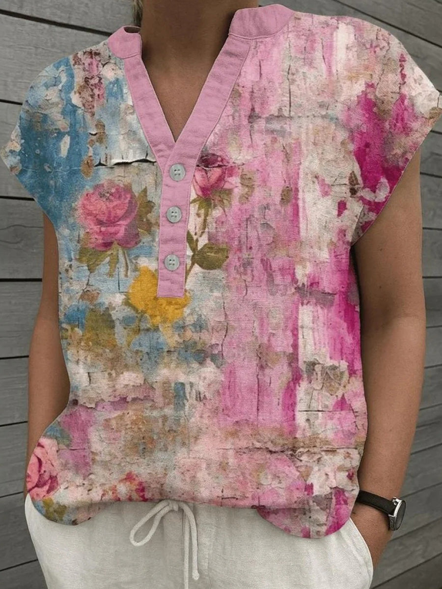 Modern Floral Print Short Sleeve V-Neck Top