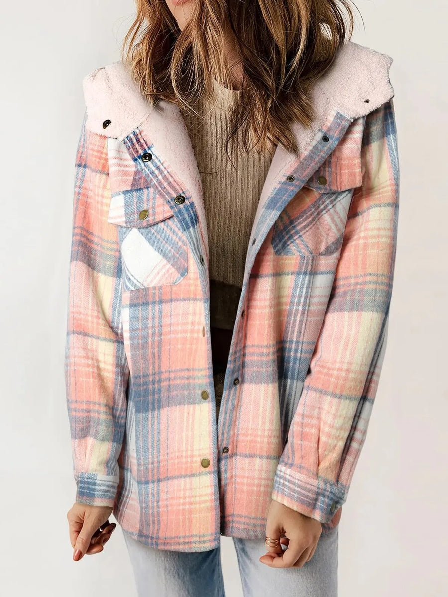 Women's Flannel Plaid Fleece Hooded Shacket