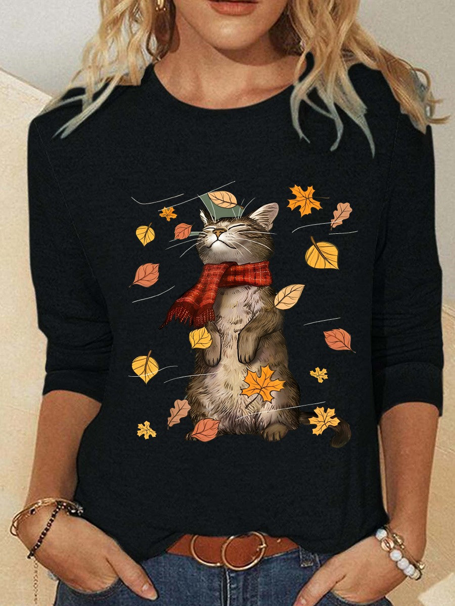 Cat And Leaves Print Crew Neck Long Sleeve Blouse