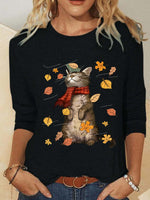 Cat And Leaves Print Crew Neck Long Sleeve Blouse