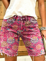 Women's Retro Ethnic Floral Art Print Casual Washed Cotton Denim Shorts