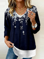 Navy Floral Print Layered V-Neck Long Sleeve Blouse