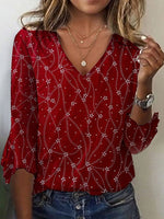 Red Casual V Neck Printed Half Sleeve Blouse