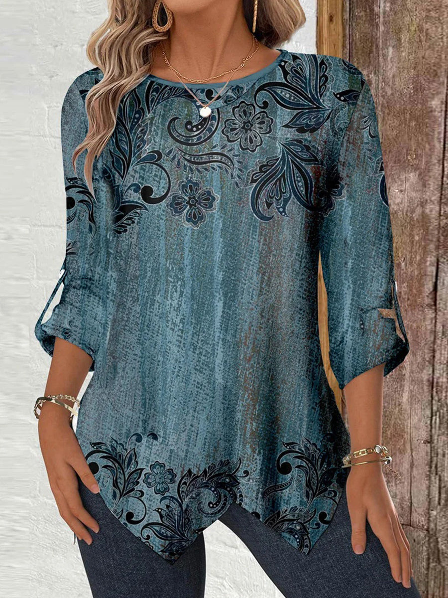 Women Long Sleeve Scoop Neck Floral Printed Blue Top