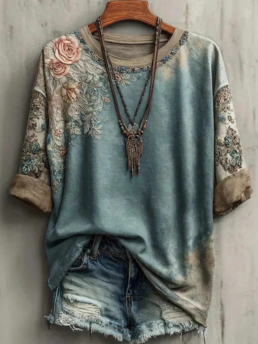 Vintage Floral Print Round Neck Long Sleeve T-Shirt