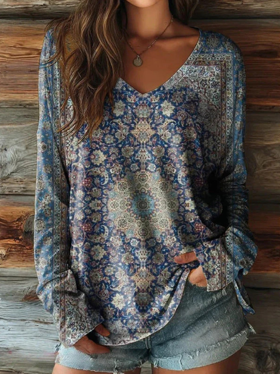 Vintage Ethnic Print V-neck Long Sleeve T-Shirt