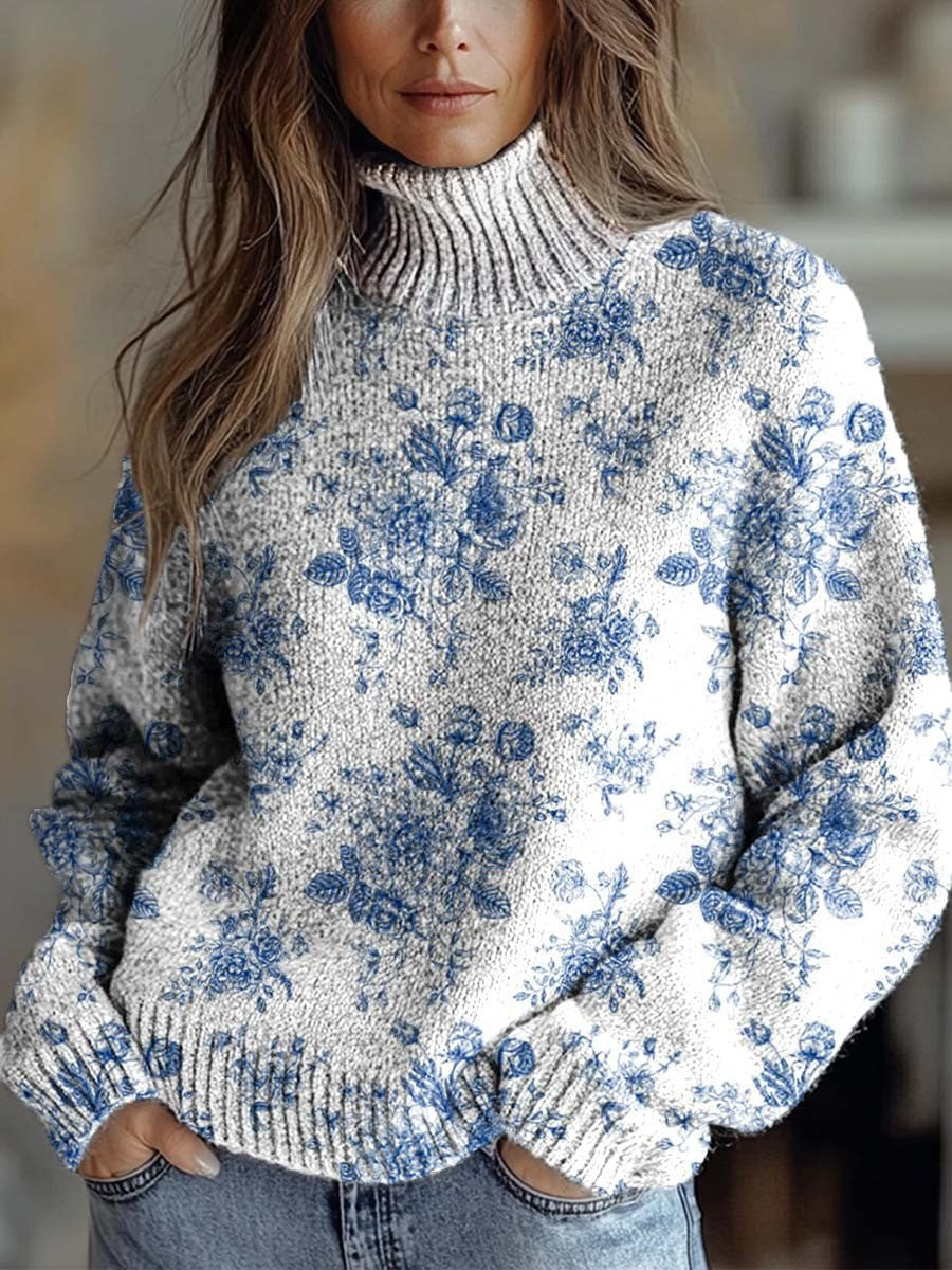 Retro Lovely Floral Print Round Neck Long Sleeve Pullover Sweater