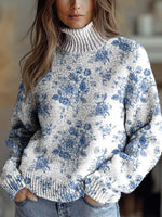 Retro Lovely Floral Print Round Neck Long Sleeve Pullover Sweater