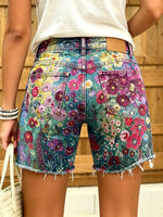 Women's Multicolor Boho Floral Print Frayed Hem Denim Shorts