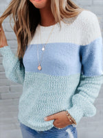 Blue Casual Graphic Tops Long Sleeve Round Neck Stripe Splicing Sweater