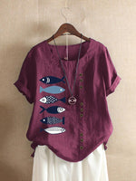 Button Cartoon Fish Print Short Sleeve Casual Blouse