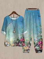 Blue Casual Round Neck Floral Printed Daily Two Piece Suit