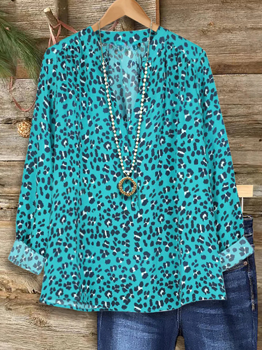 Leopard Print V-neck Long Sleeve Blue Top
